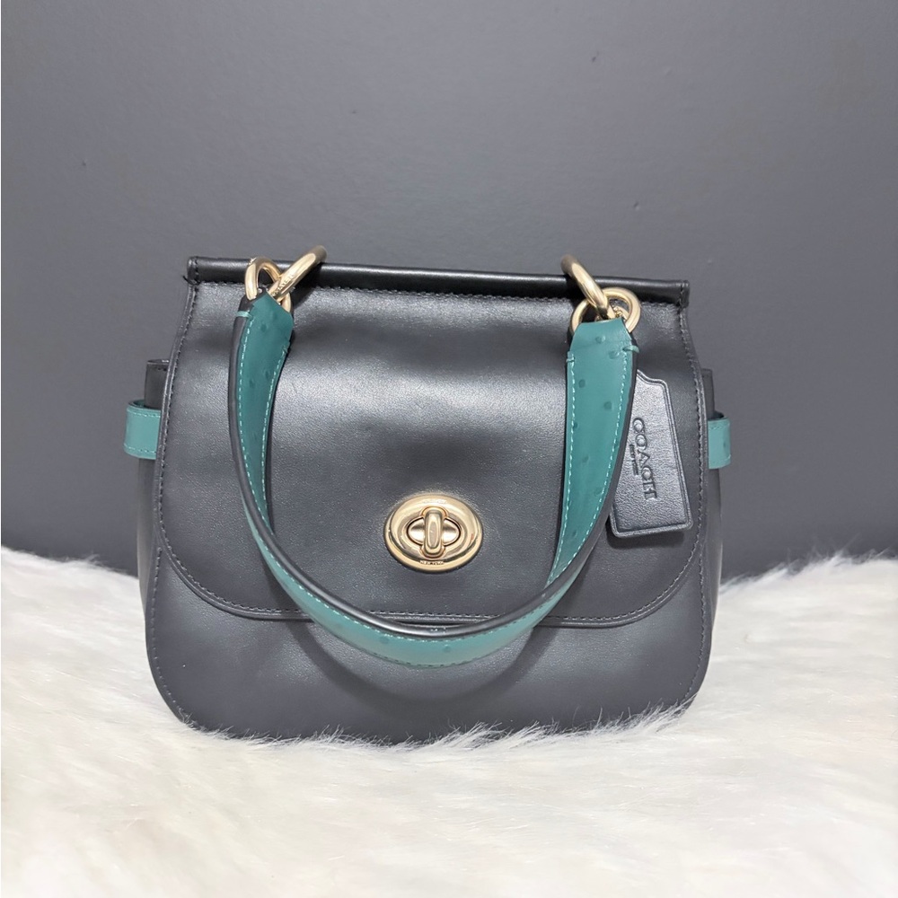 Coach Jace Black and Teal Leather Handbag with Ostrich Leather Detail